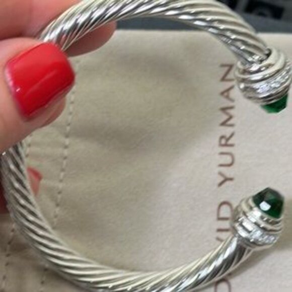 David Yurman Bracelet 7mm Sterling Silver Prasiolite Diamond Cable Classic Cuff - Picture 4 of 6